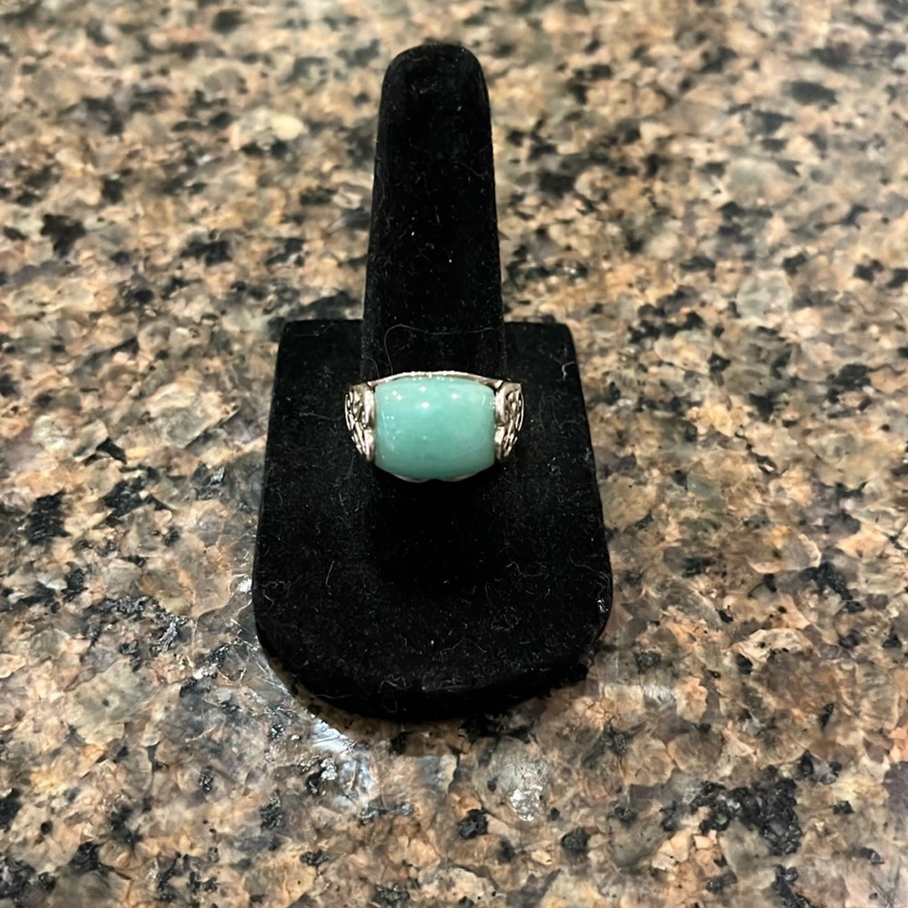 Sage Green Stone Ring with Silver Filigree Band